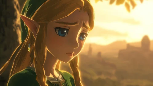 Melancholic elf girl gazes over warm sunlit valley landscape