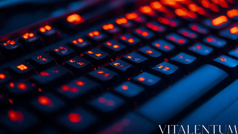 Low-angle macro of RGB mechanical keyboard backlighting.