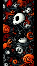 Dense Halloween skull collage with swirling stylized foliage forms