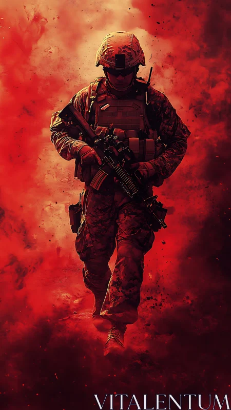 Lone soldier strides through swirling crimson smoke.