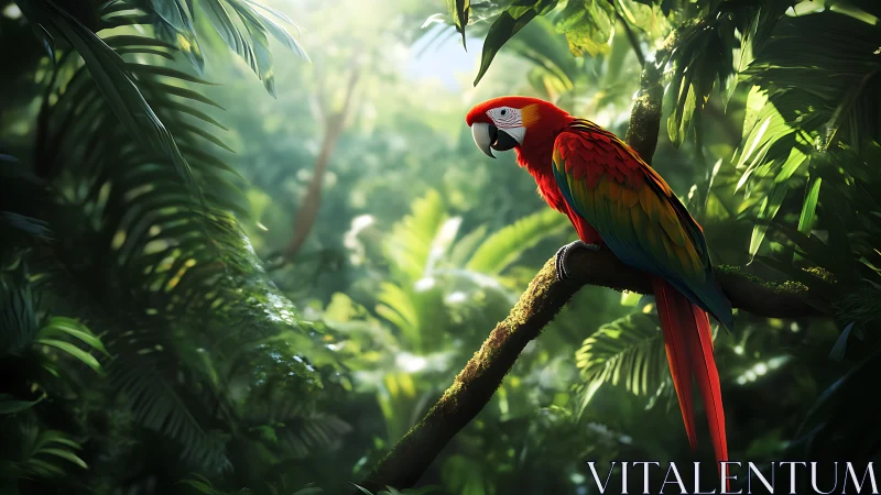 Digital painting of scarlet macaw in luminous jungle canopy.