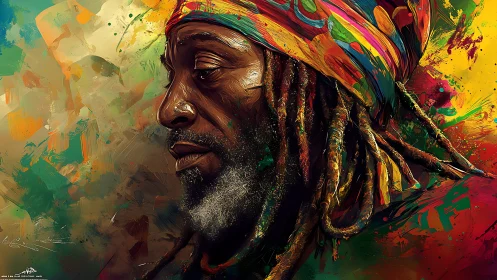 Portrait of quiet strength wrapped in bold reggae color.