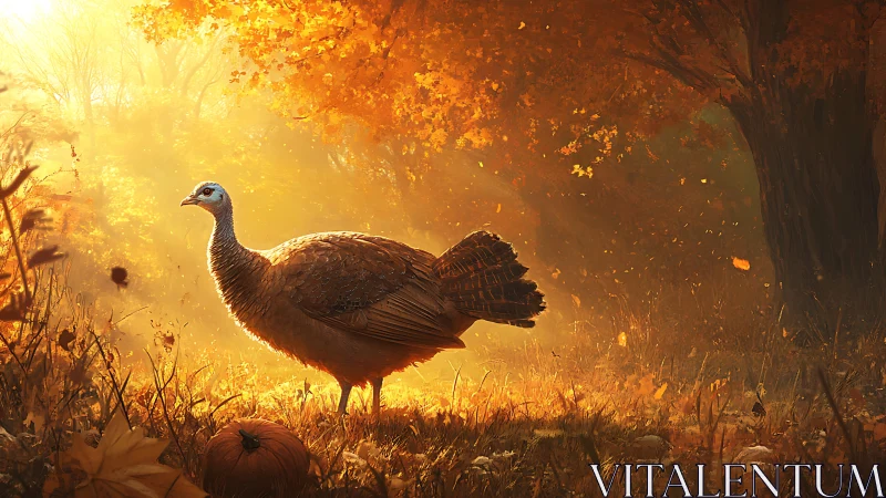 Wild turkey in golden backlit autumn woodland clearing