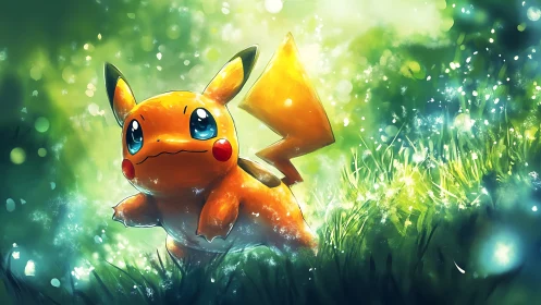 Cute electric creature in glowing green forest scene.