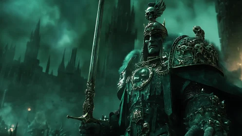 Stoic death knight guarding a haunted emerald citadel.