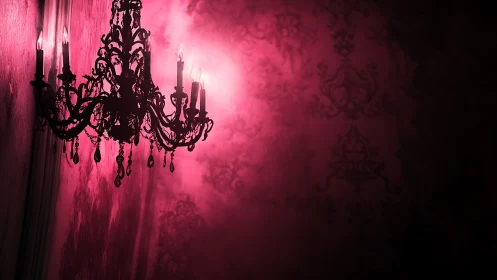 Wall-mounted chandelier illuminates pink fogged wallpaper