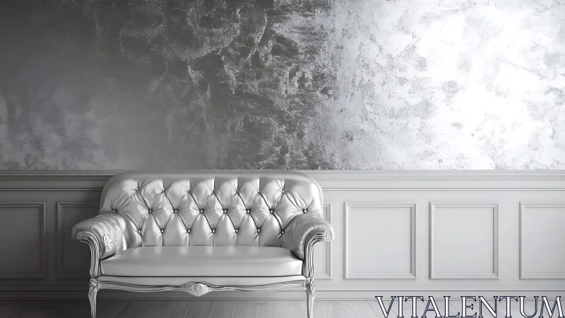 Elegant tufted silver sofa in luxurious modern interior setting.