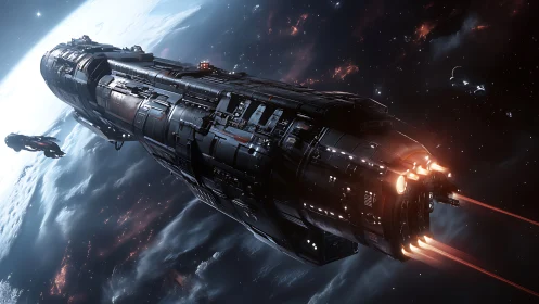 Interstellar dreadnought cruiser with luminous plasma drives.