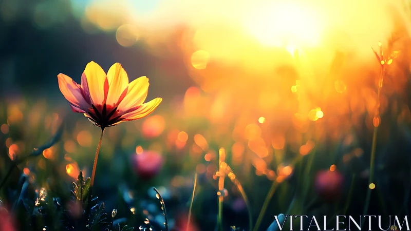 Single flower in warm glowing sunrise field scene.