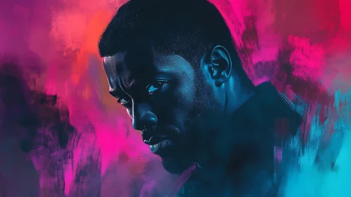 Portrait of male subject in blue and magenta digital lighting