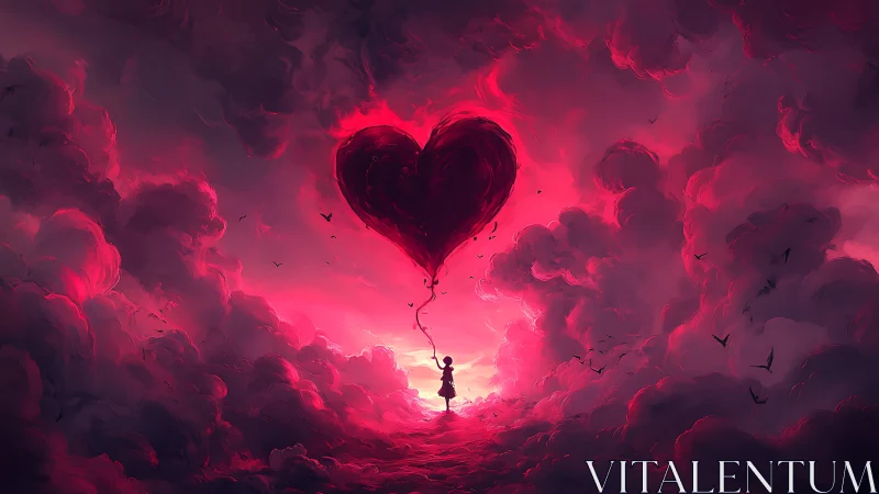 Silhouetted figure holds heart-shaped balloon in luminous magenta cloud formation.