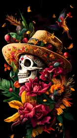 Sugar skull tilts under a jungle hat of unruly blossoms