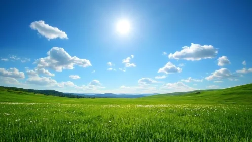 Sunlit green meadow under a wide open blue summer sky.