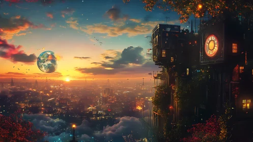 Dreamy sky city at sunset with glowing clocktower view.
