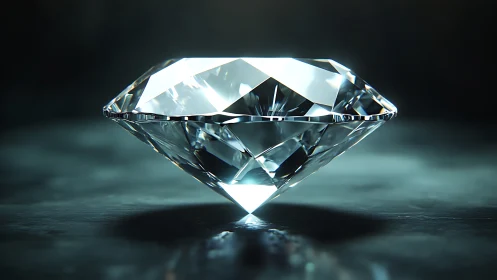 Glistening cut diamond rests in soft light on dark surface