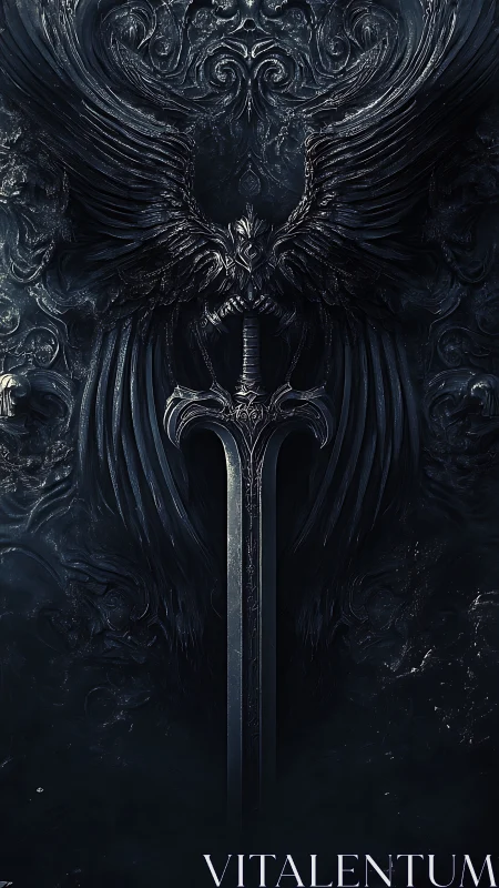 Midnight seraph spreads iron wings around a sleeping blade