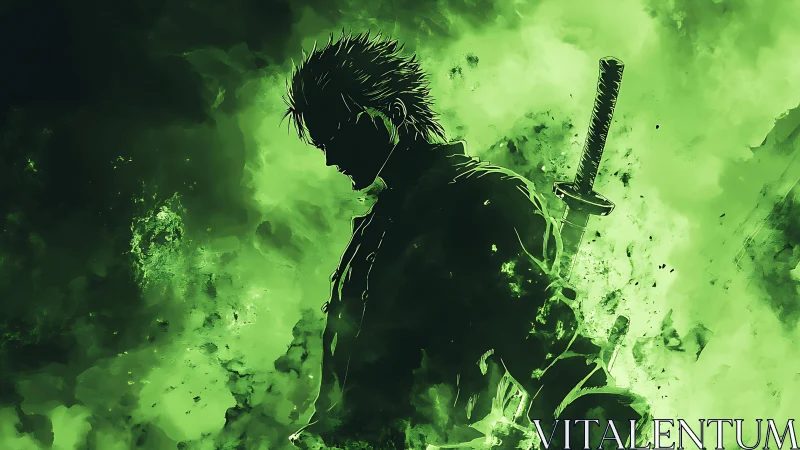 Green silhouetted swordsman with katana in glowing smoke.