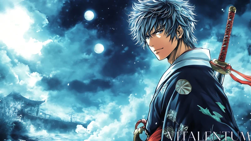 Samurai warrior under dual moons in luminous anime night sky