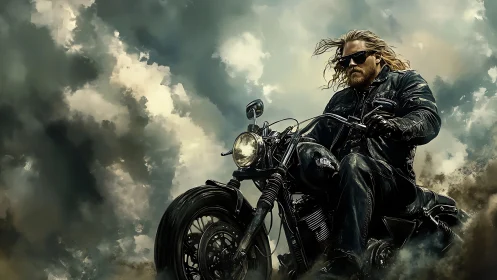 Storm-chasing biker king carving thunder through clouds.