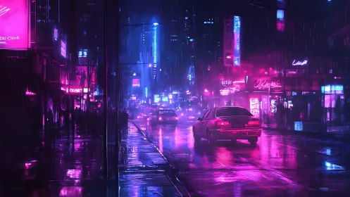 Neon soaked city street with cars in rainy night scene.