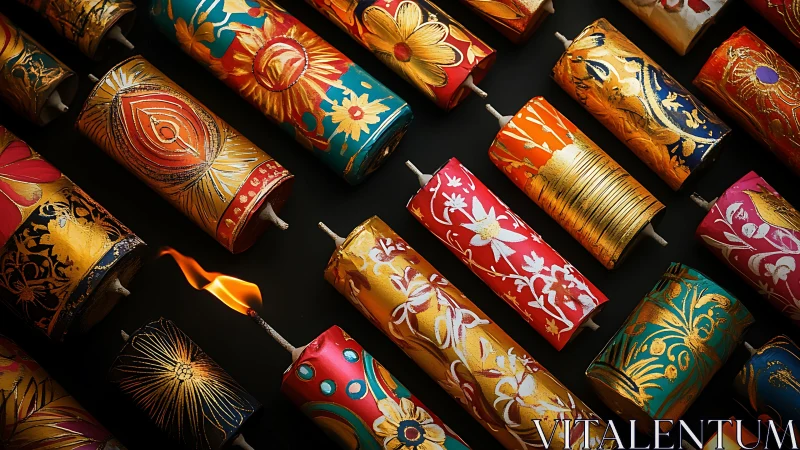Photorealistic array of painted festival firecrackers on black grid.