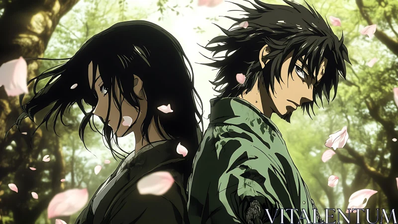 Petal storm between somber anime warriors in forest light.