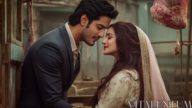 South Asian Wedding Portrait: Intimate Couple in Traditional Formal Attire.
