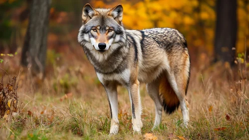 Lone grey wolf stands alert amid glowing autumn forest