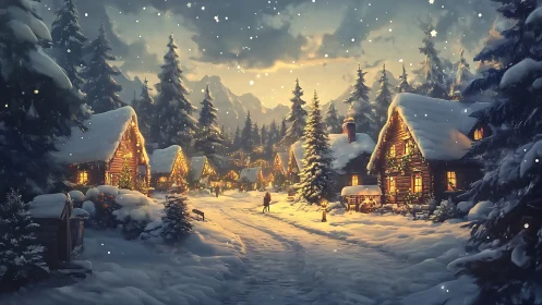 Snowy mountain village with glowing log cabins at dusk.