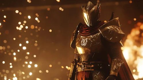 Golden armored knight amid sparks in fiery battle scene.