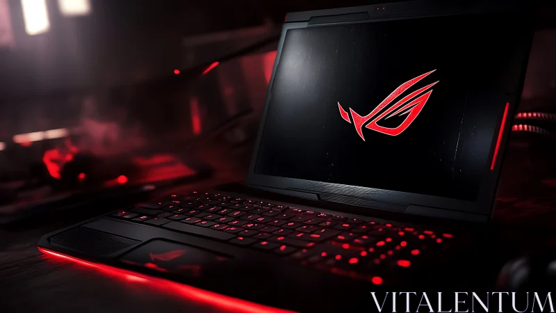 Gaming laptop with red backlight on dark desktop scene.