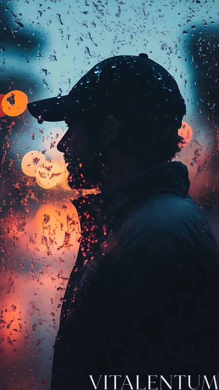 Silhouette in neon rain against twilight city glow.