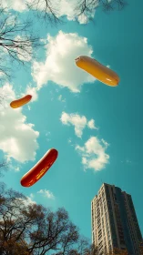Skyward hotdog zeppelins over a turquoise city afternoon.