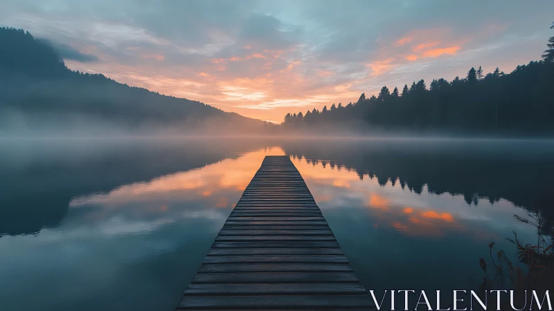 Symmetrical lakeside pier leads into misty dawn horizon