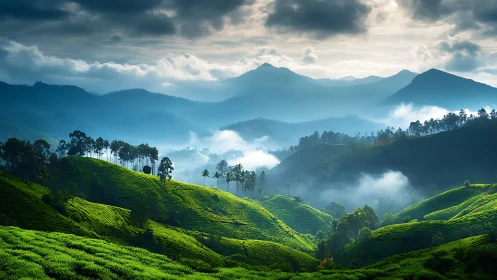 Mist-laced tea hills roll toward layered blue mountain ridges