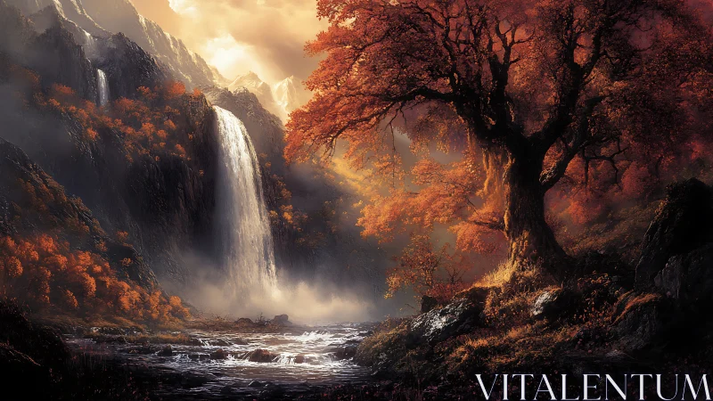 Golden autumn waterfall oasis under a glowing forest sky.