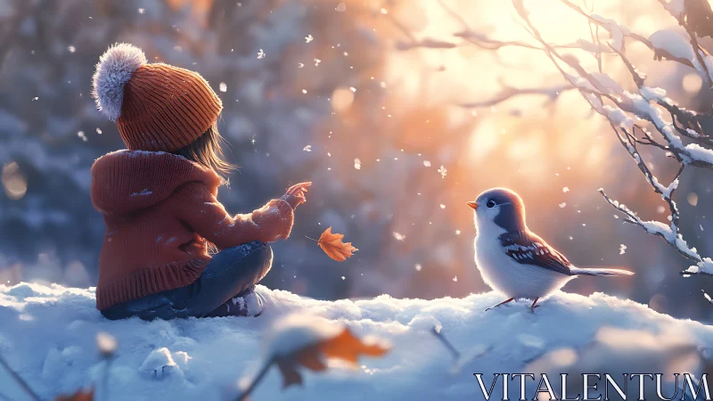 Child in orange coat on snowy bank near bird at sunset.