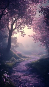 Ethereal Forest Pathway: Lavender-Toned Trees in Misty Woodland Light.