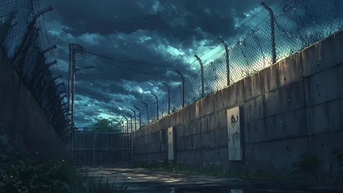Twilight corridor beside barbed concrete wall under storm clouds.