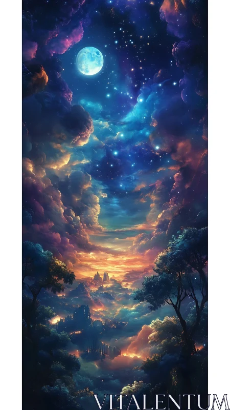Vertical celestial valley with luminous clouds and moonlit sky.