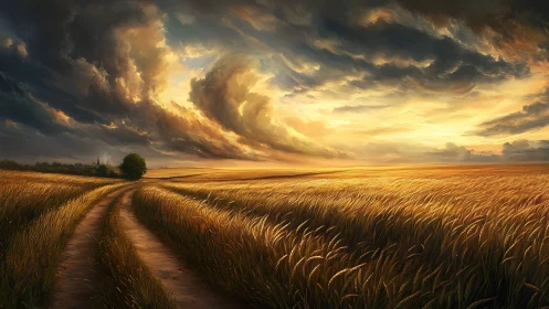 Stormlit wheat plain with dirt track under turbulent sunset sky