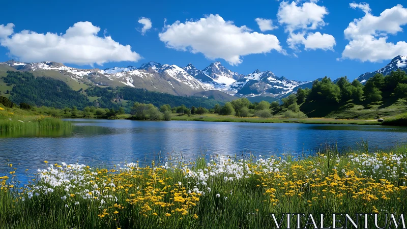 Lakeside wildflowers beneath bright snow tipped mountains.
