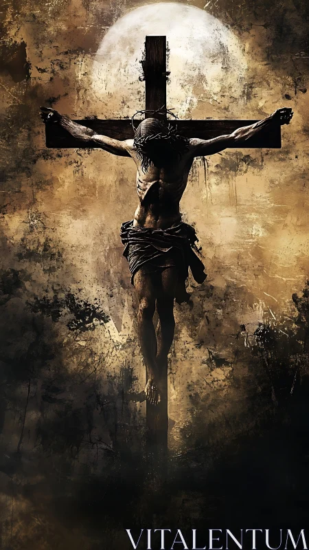 Crucifixion figure is depicted on a wooden cross silhouette