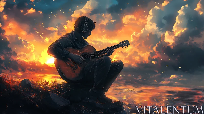 Silhouetted guitarist seated by reflective sunset shoreline.