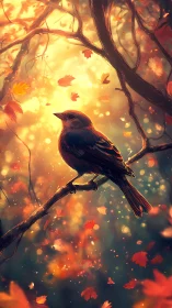 Songbird perches on branch amid glowing autumn foliage