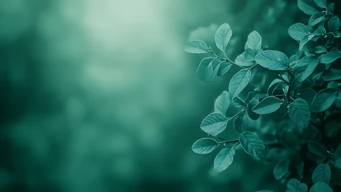 Green leafy branch with soft bokeh background in tranquil style.