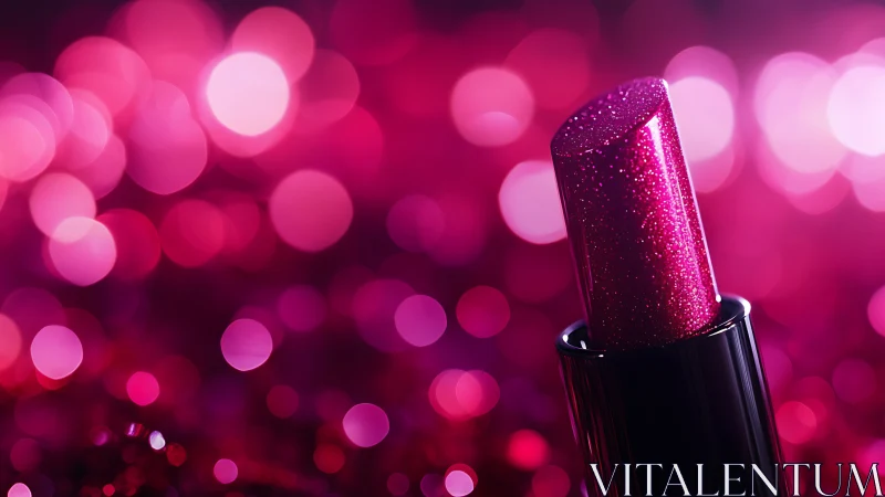 Sparkling pink lipstick glowing in romantic bokeh light.