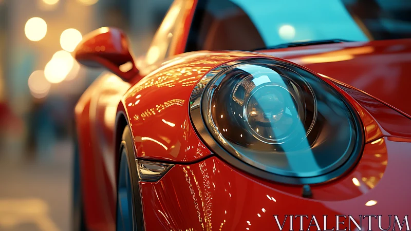 Red sports car close-up with glossy headlight detail.