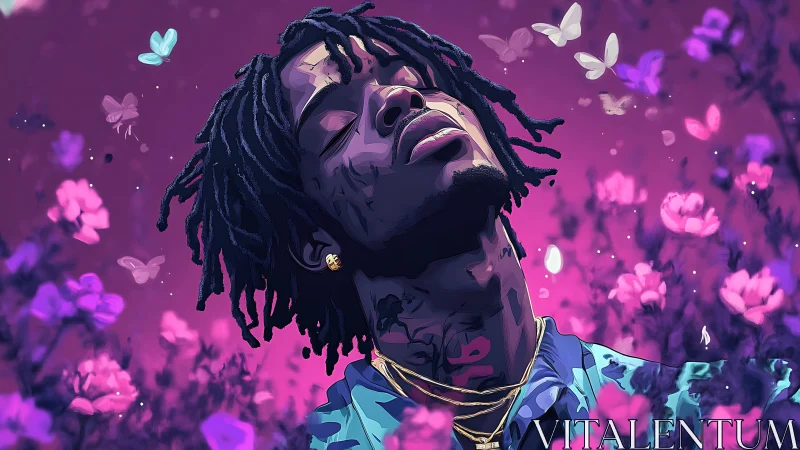 Digital portrait of man in neon floral field with butterflies.