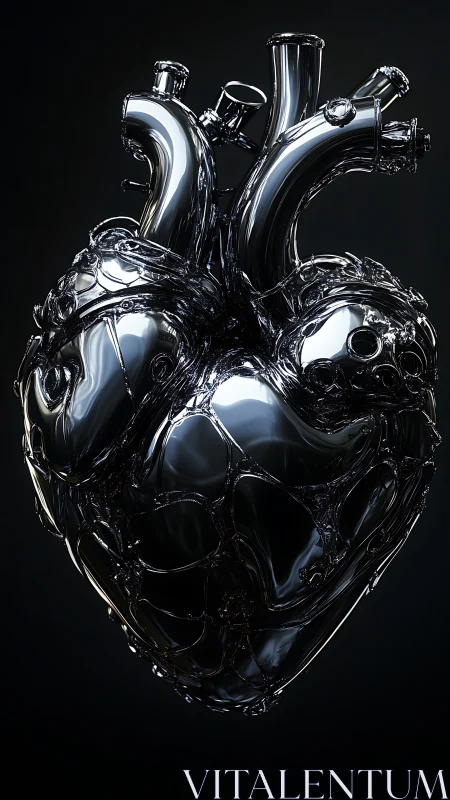 Chromed anatomical heart sculpture under dramatic light.